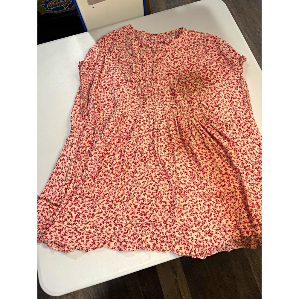 Free People Women’s M Ivory/Red Floral Button Front Smocked Mini Dress Ruffle